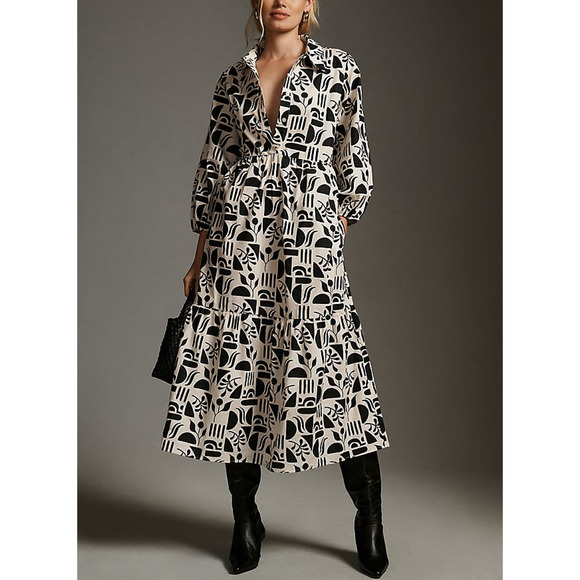 Maeve Dresses & Skirts - Maeve Cream and Black Abstract Print Midi Dress
